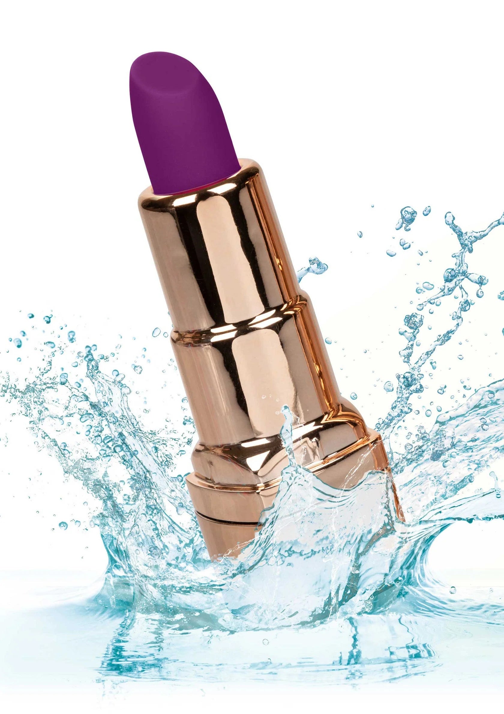Lipstick-vibrator met gouden behuizing en paarse punt, deels onder water