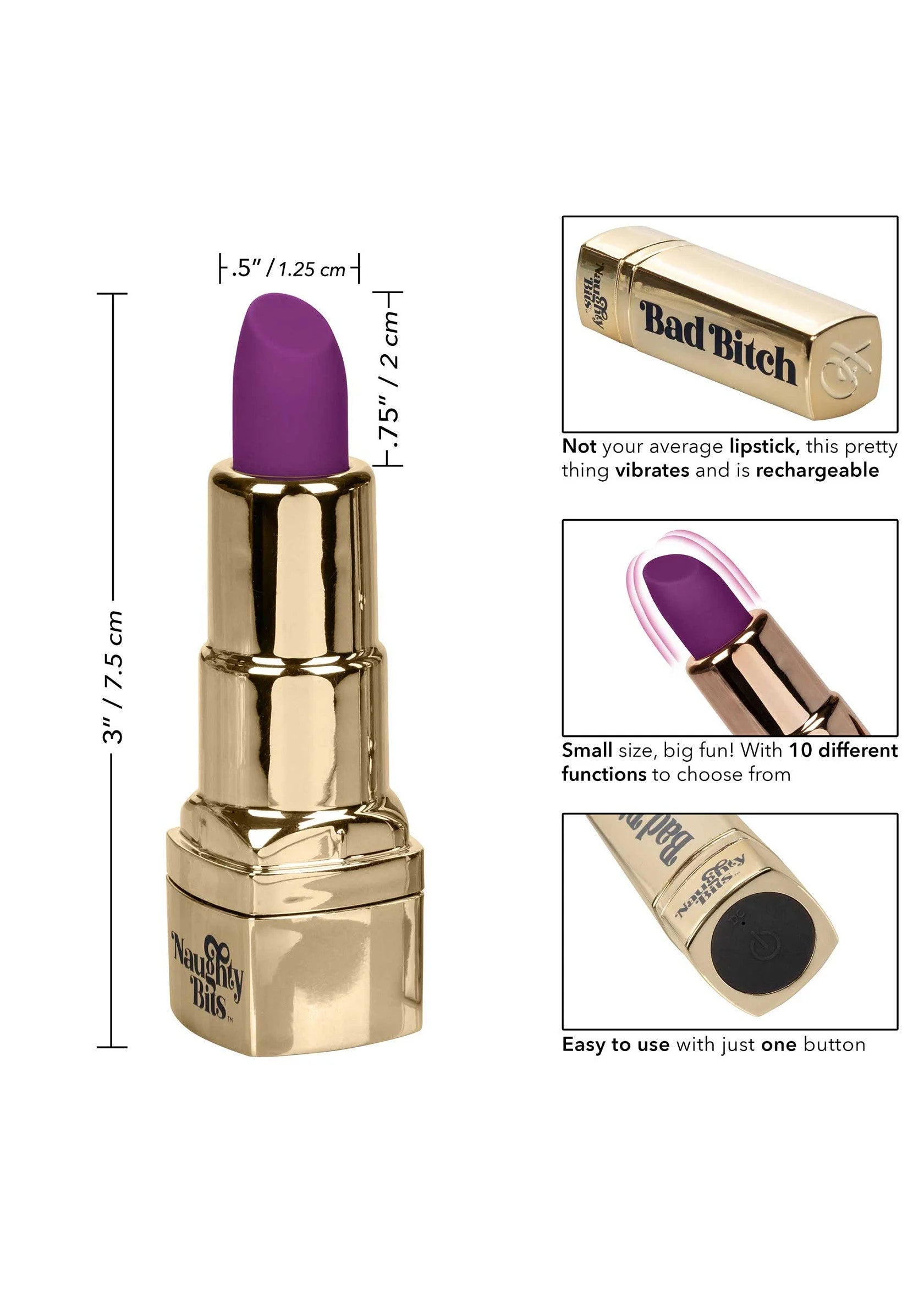 Lipstick-vibrator in goud met paarse kop; afmetingen en knoppictogram