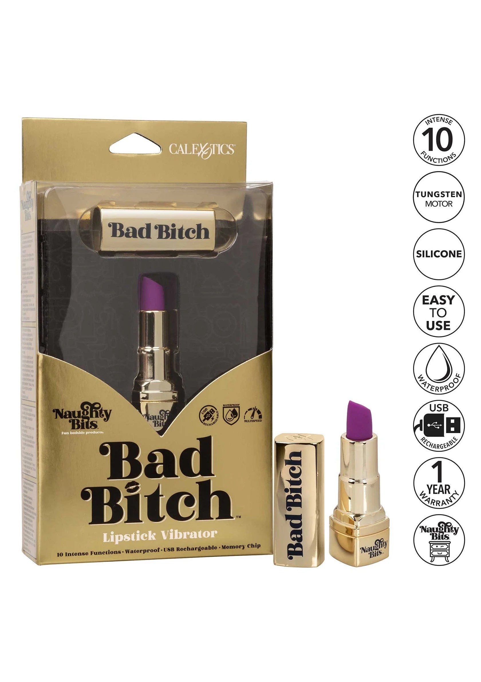 Lipstick-vibratorset: gouden apparaat met paarse kop en doos