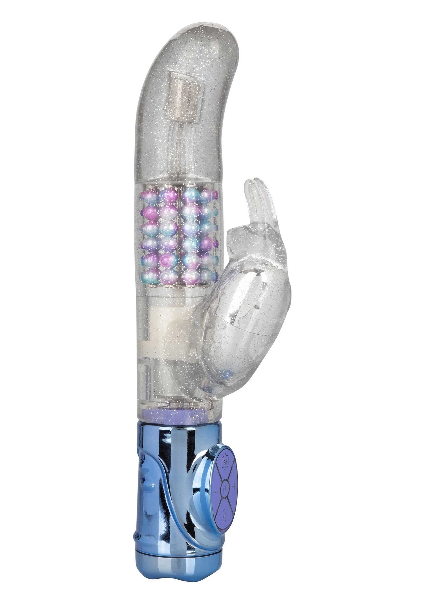 Zilveren transparante vibrator met regenboogkraaltjes en tweede, kleine kop