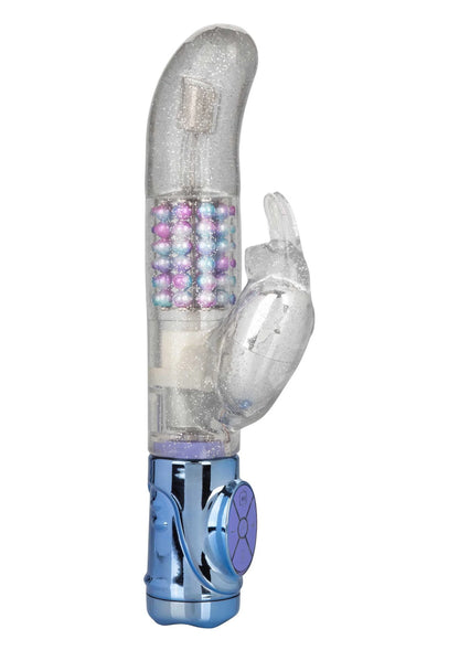 Zilveren transparante vibrator met regenboogkraaltjes en tweede, kleine kop