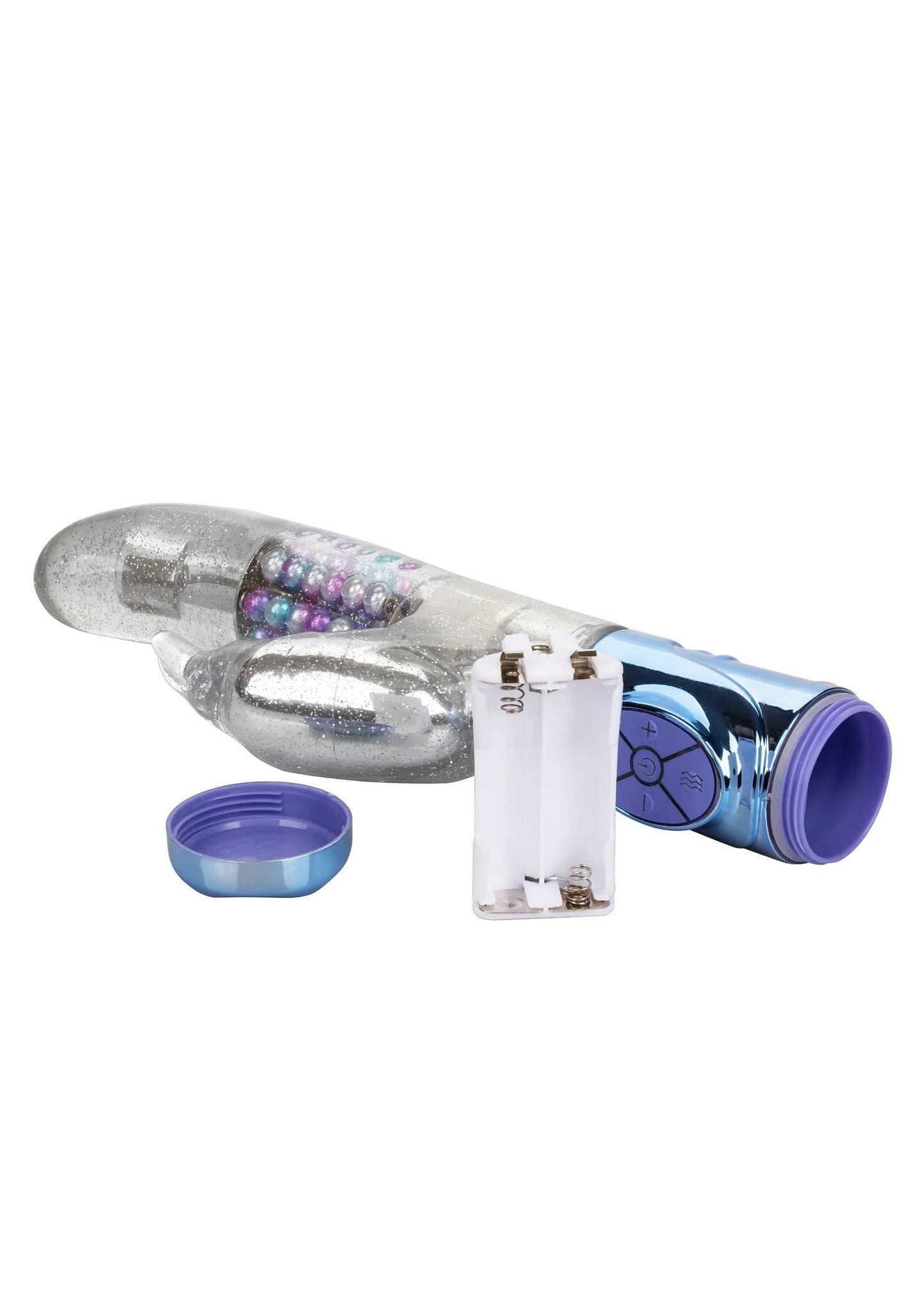 Zilveren vibrator zijaanzicht met blauw uiteinde en batterijvak, losse dop