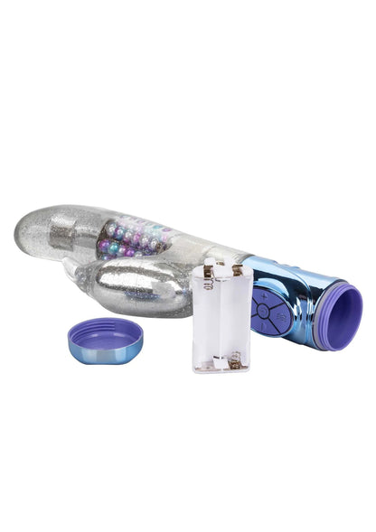 Zilveren vibrator zijaanzicht met blauw uiteinde en batterijvak, losse dop