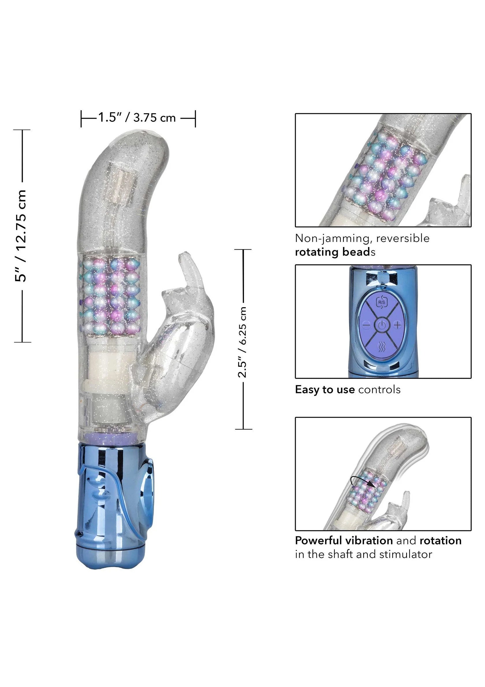Zilverkleurige dubbelvibrator met parelaccenten en bedieningsstand, met afmetingen
