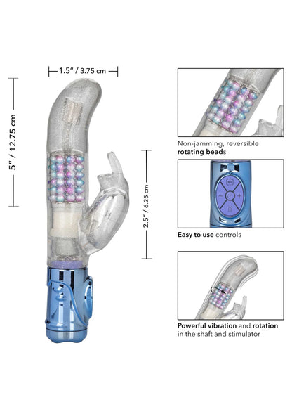 Zilverkleurige dubbelvibrator met parelaccenten en bedieningsstand, met afmetingen