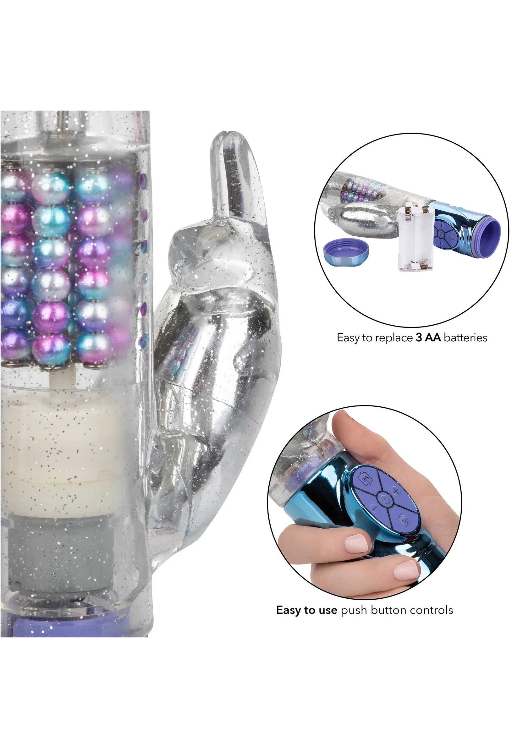 Dubbelvibrator met parelaccenten; close-up van bediening en verwisselbare batterij