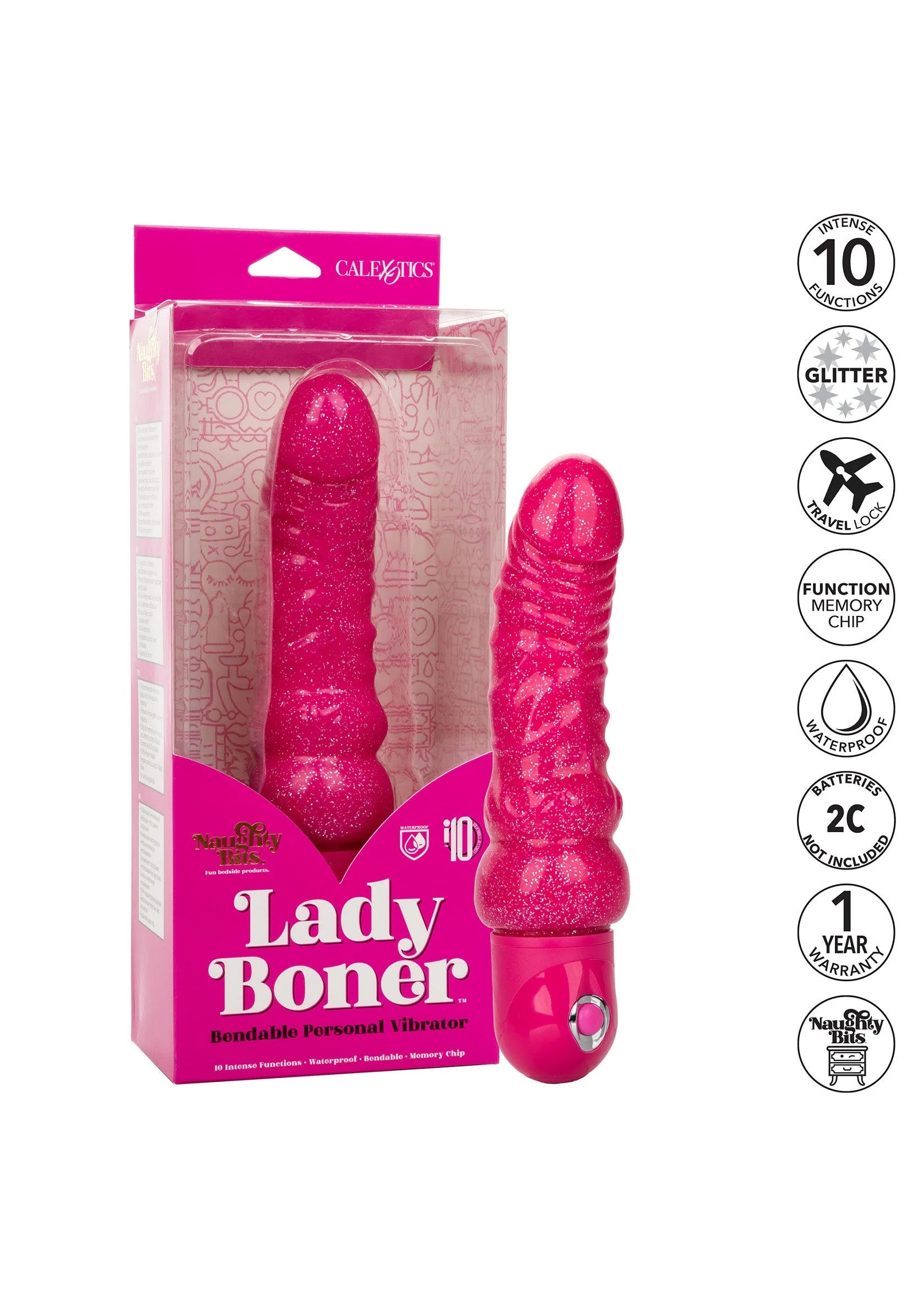 Verpakking van CalExotics Lady Boner persoonlijke vibrator met roze glitterafwerking