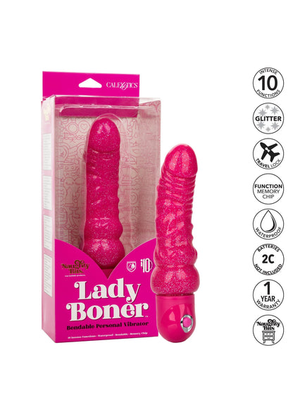 Verpakking van CalExotics Lady Boner persoonlijke vibrator met roze glitterafwerking