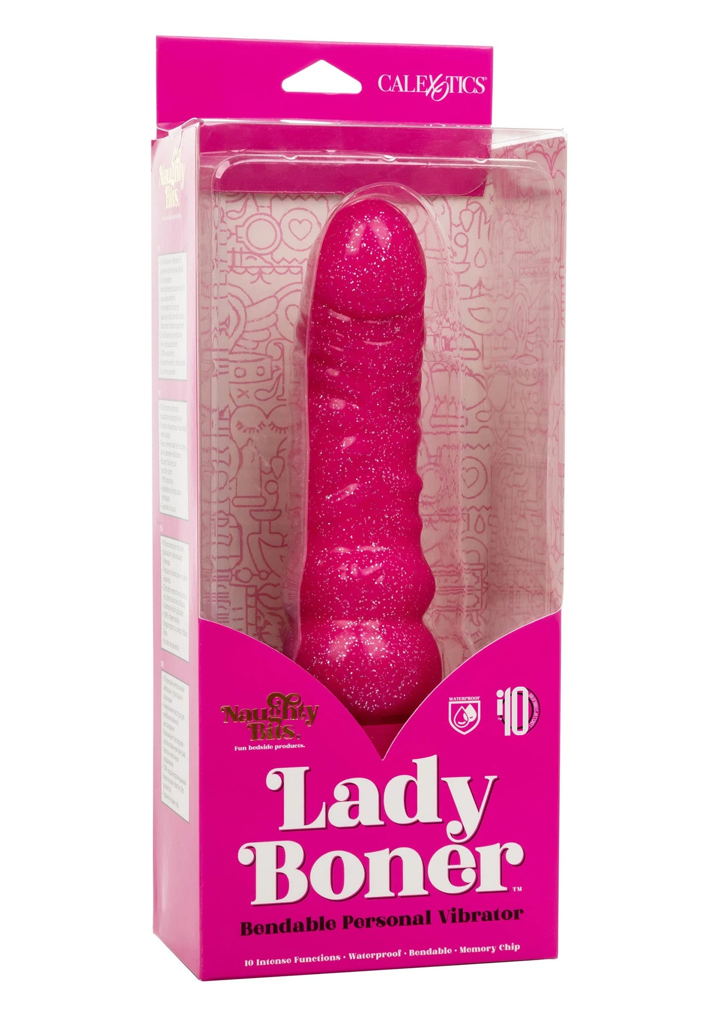 Doos van CalExotics Lady Boner bendbare persoonlijke vibrator, roze glitter uitvoering