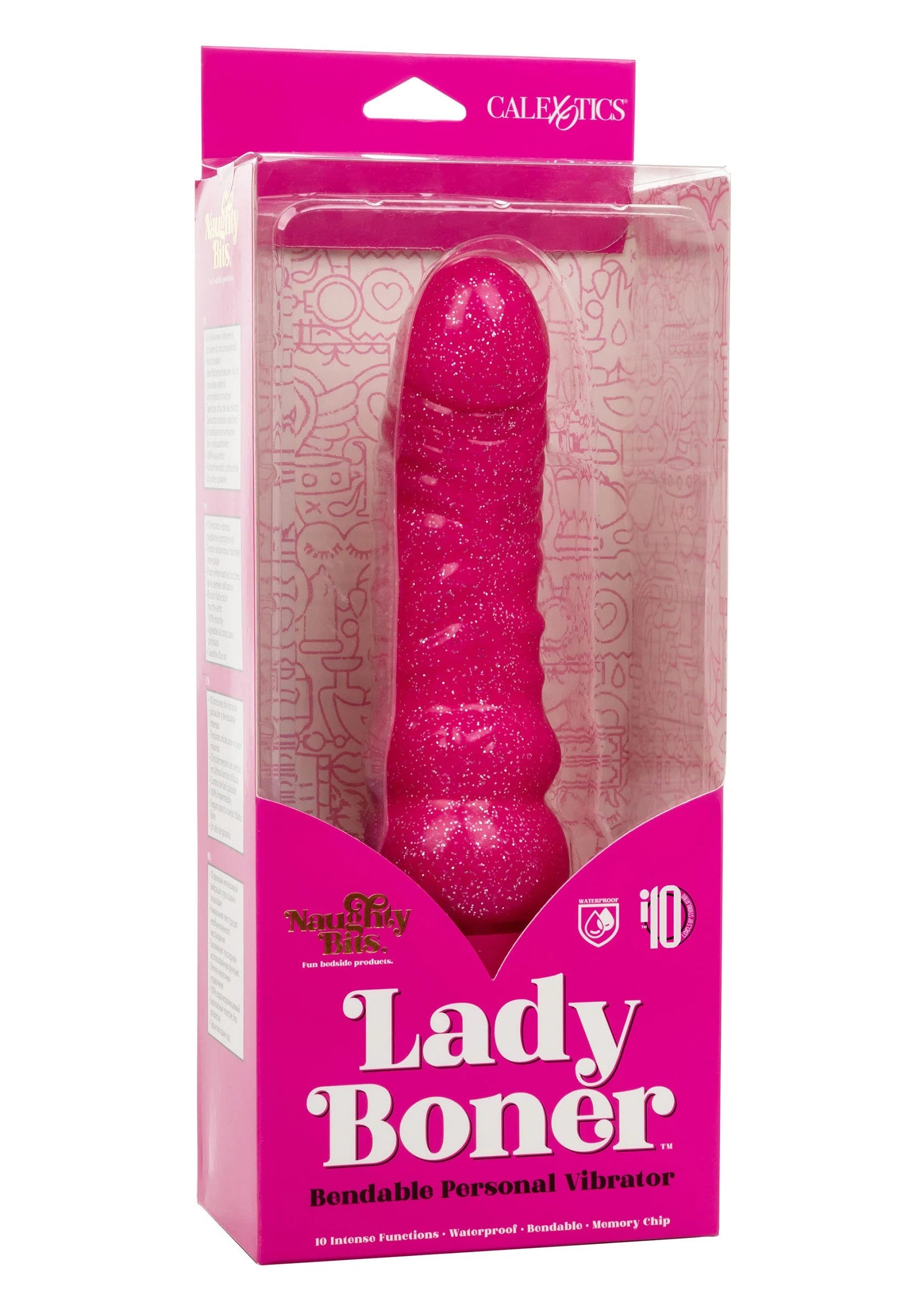 Doos van CalExotics Lady Boner bendbare persoonlijke vibrator, roze glitter uitvoering
