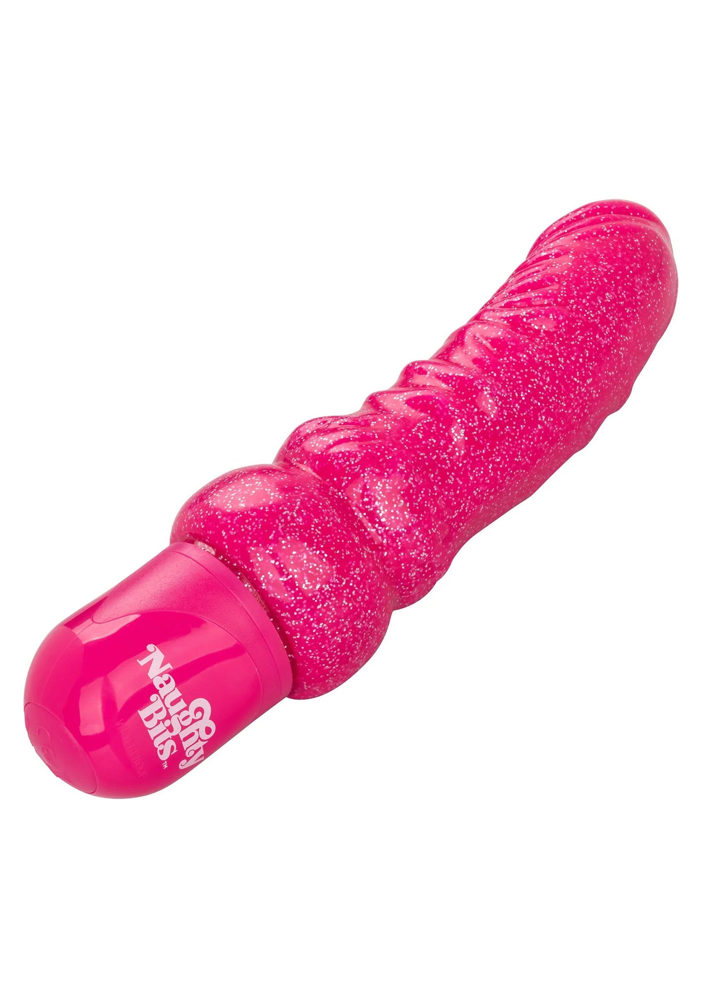 Roze glitter vibrator close-up met ronde basis en metalen bedieningsknop