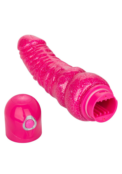 CalExotics roze glitter vibrator met open uiteinde en ronde, transparante basis