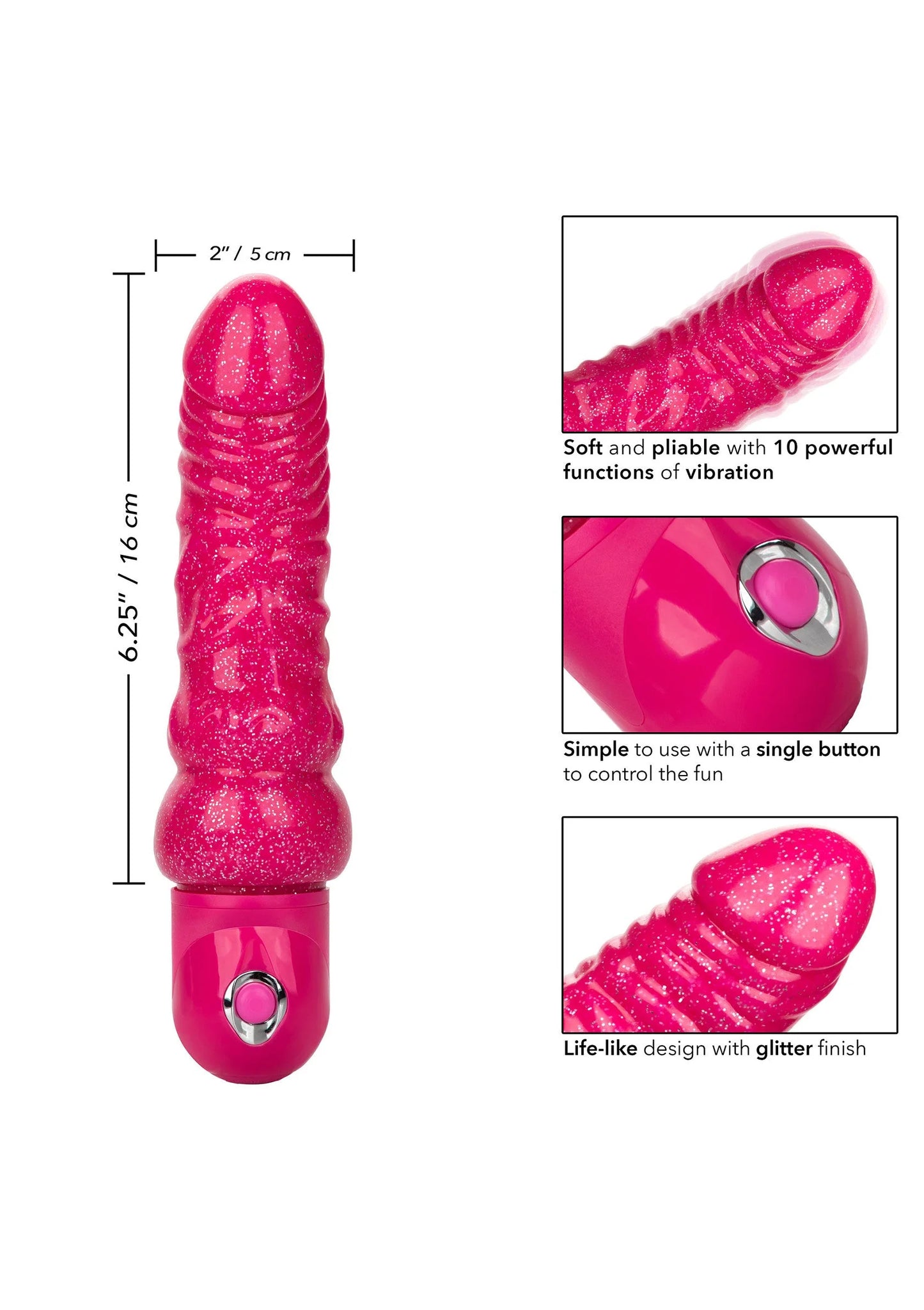 Roze glitter vibrator met taps toelopende kop en metalen bedieningsknop onderaan