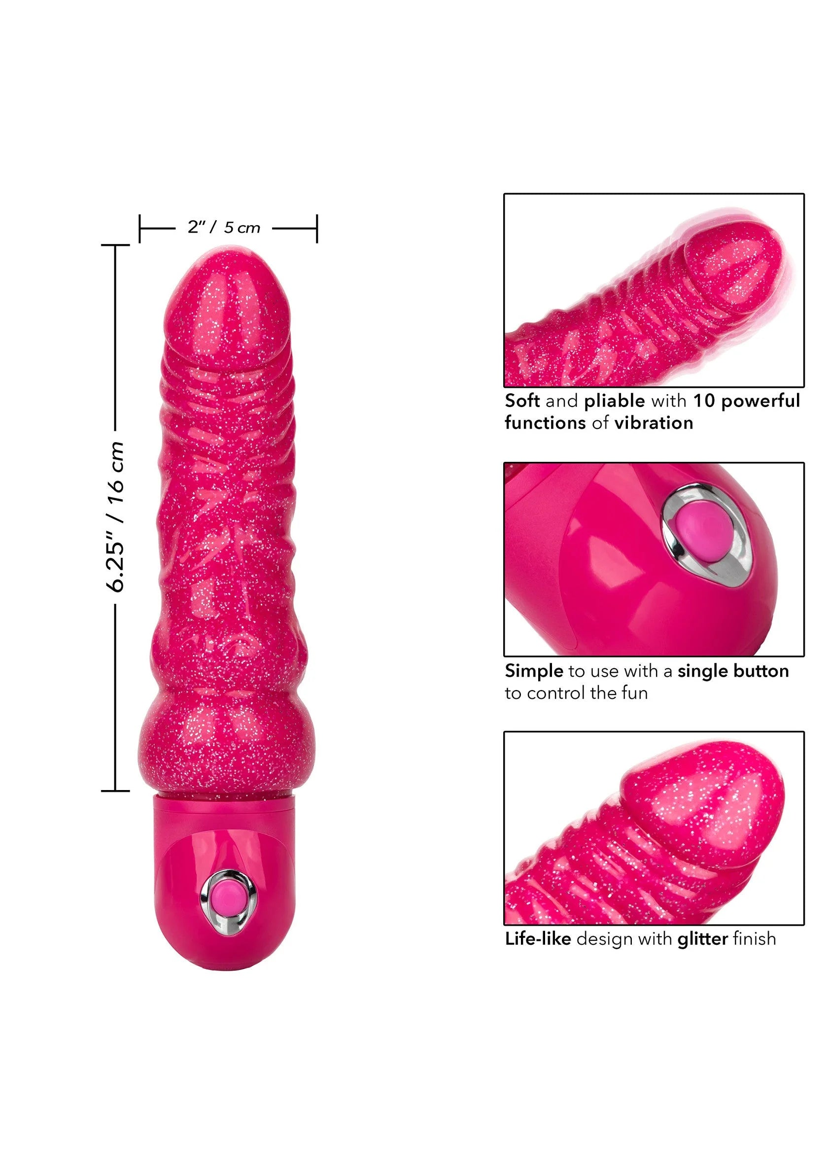 Roze glitter vibrator met taps toelopende kop en metalen bedieningsknop onderaan