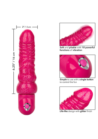 Roze glitter vibrator met taps toelopende kop en metalen bedieningsknop onderaan