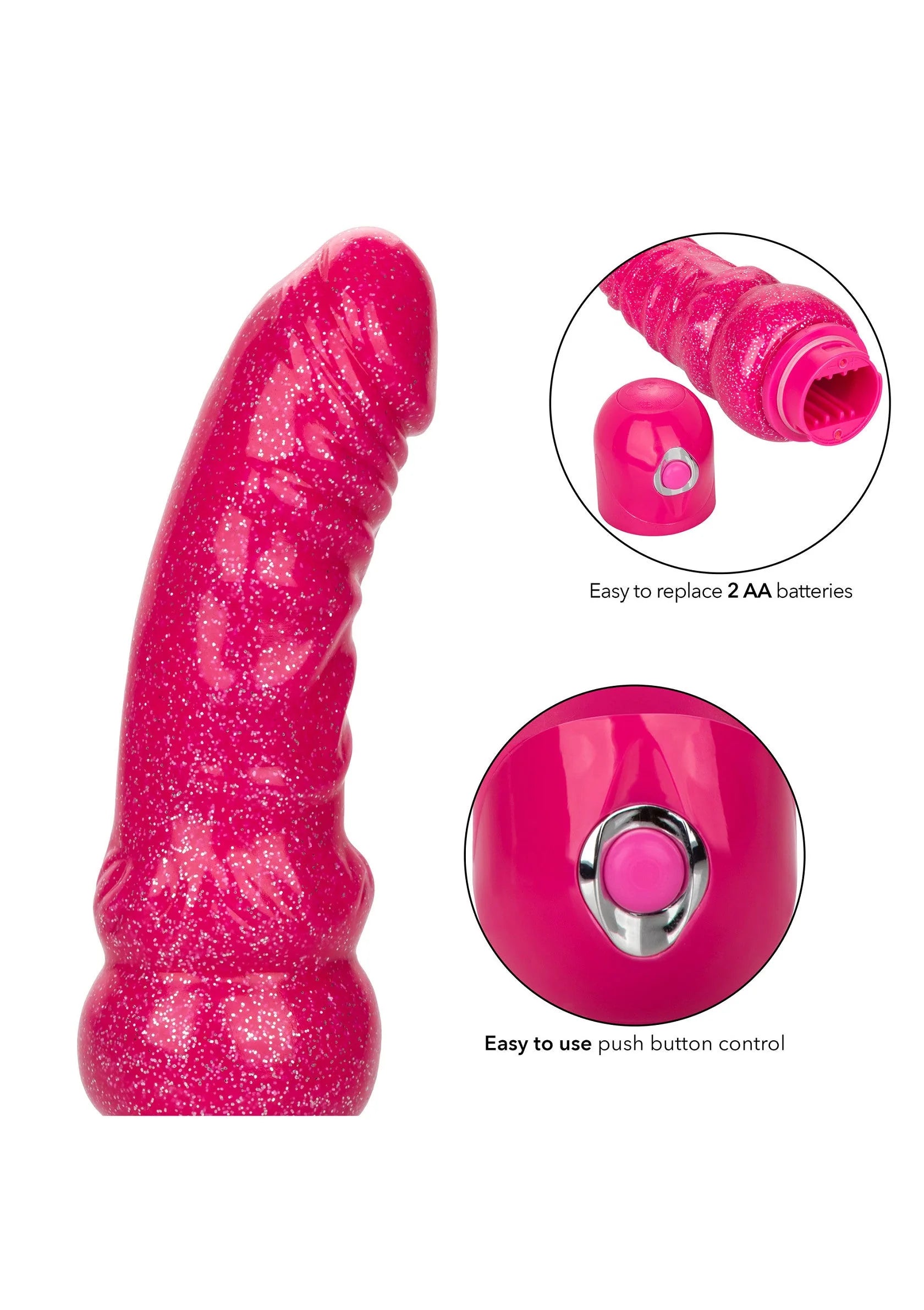 Roze bendbare glitter vibrator met metalen bedieningsknop en opgerolde structuur