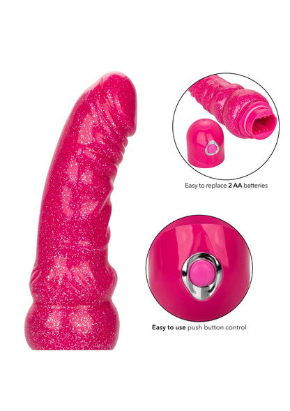 Roze bendbare glitter vibrator met metalen bedieningsknop en opgerolde structuur
