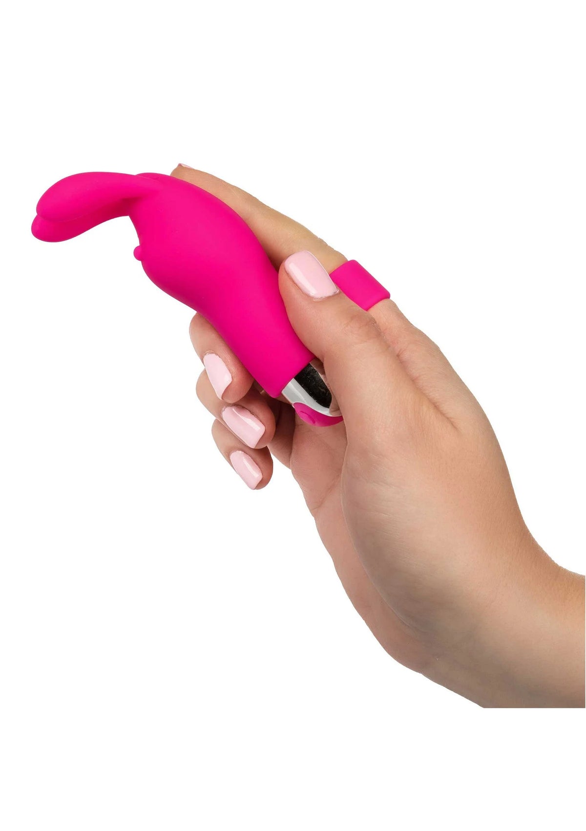 Roze vingerbunny vibrator opgetild met vingergreep en trilpunt zichtbaar