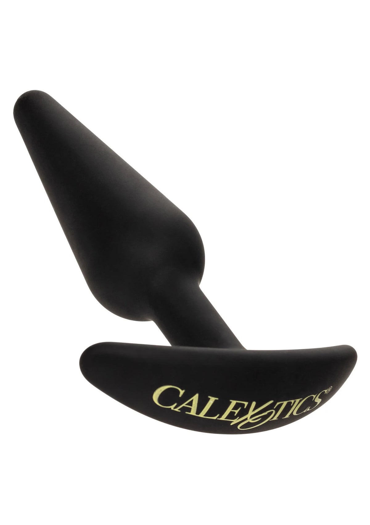 Zwarte siliconen anale plug met CalExotics-logo op de brede onderrand