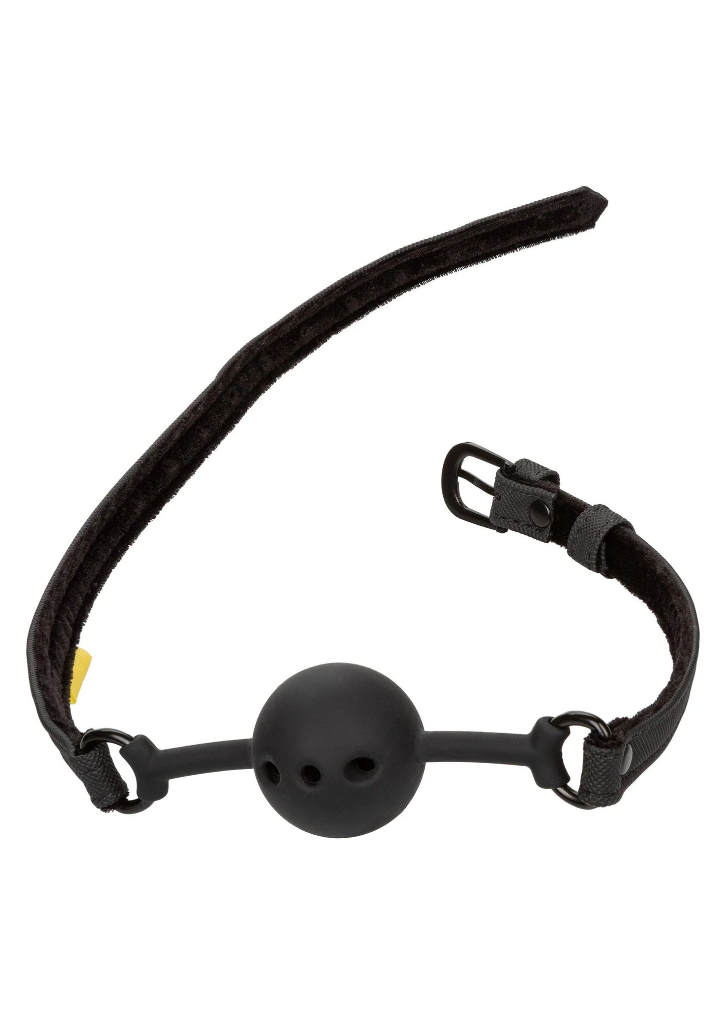 Zwarte ball gag met ronde mondbal en lange bovenriem