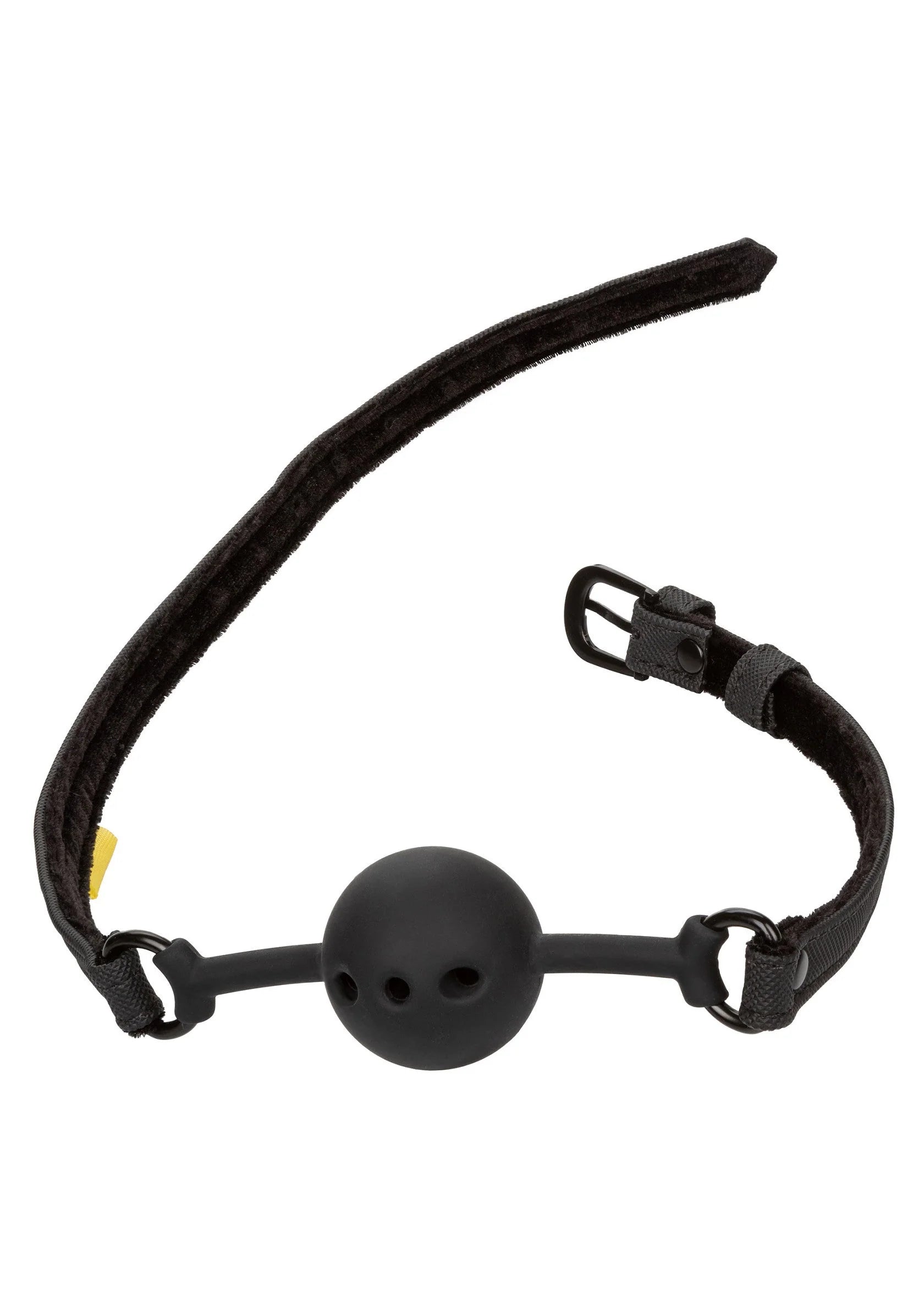Zwarte ball gag met ronde mondbal en lange bovenriem