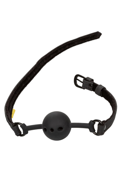 Zwarte ball gag met ronde mondbal en lange bovenriem