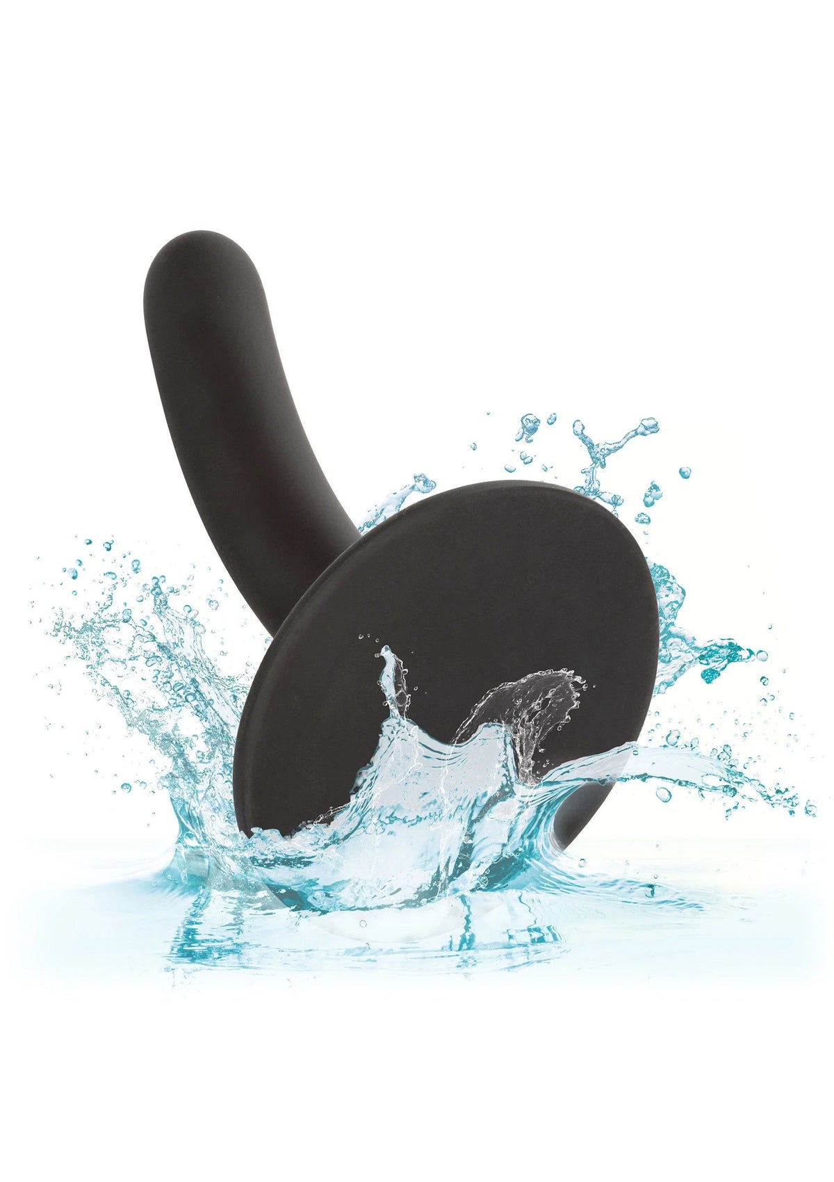 Zwarte slanke dildo met gebogen vorm en ronde top, met waterdruppels