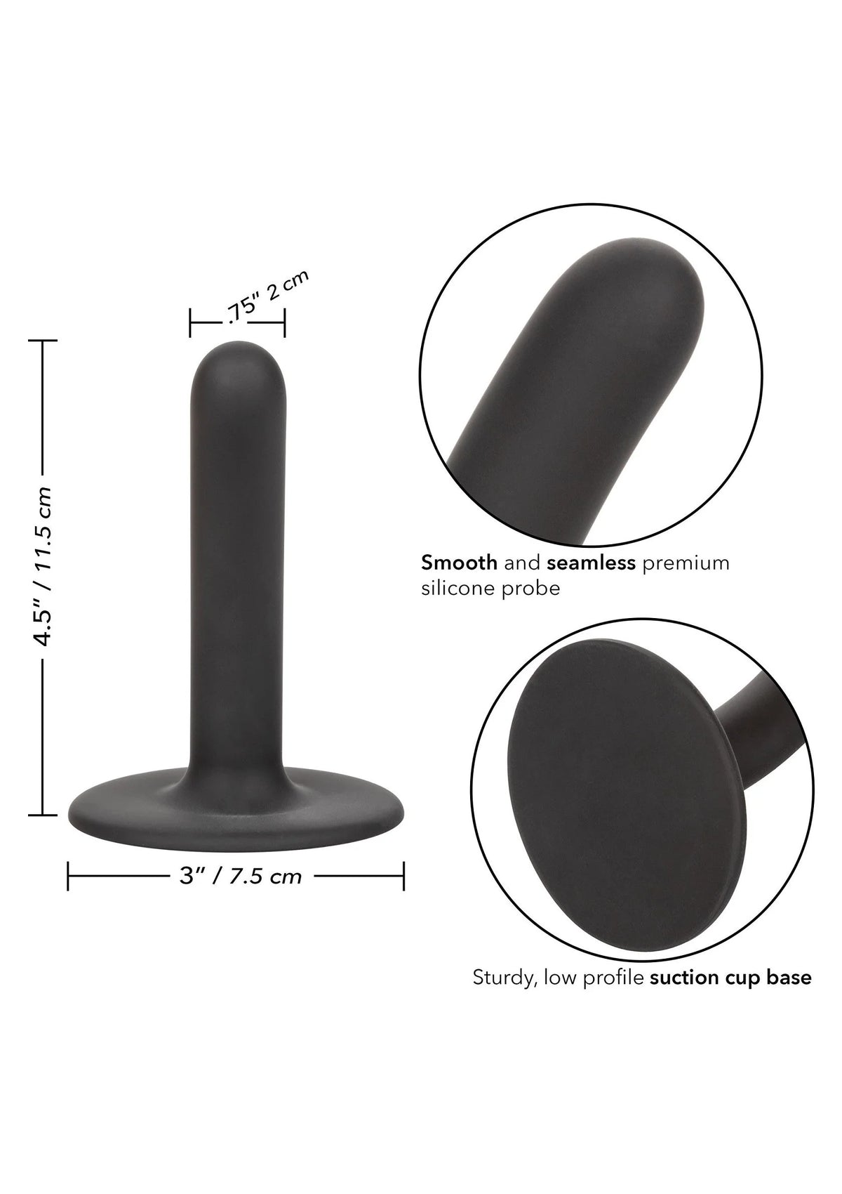 Zwarte slanke dildo met glad naadloos oppervlak en zuignapvoet