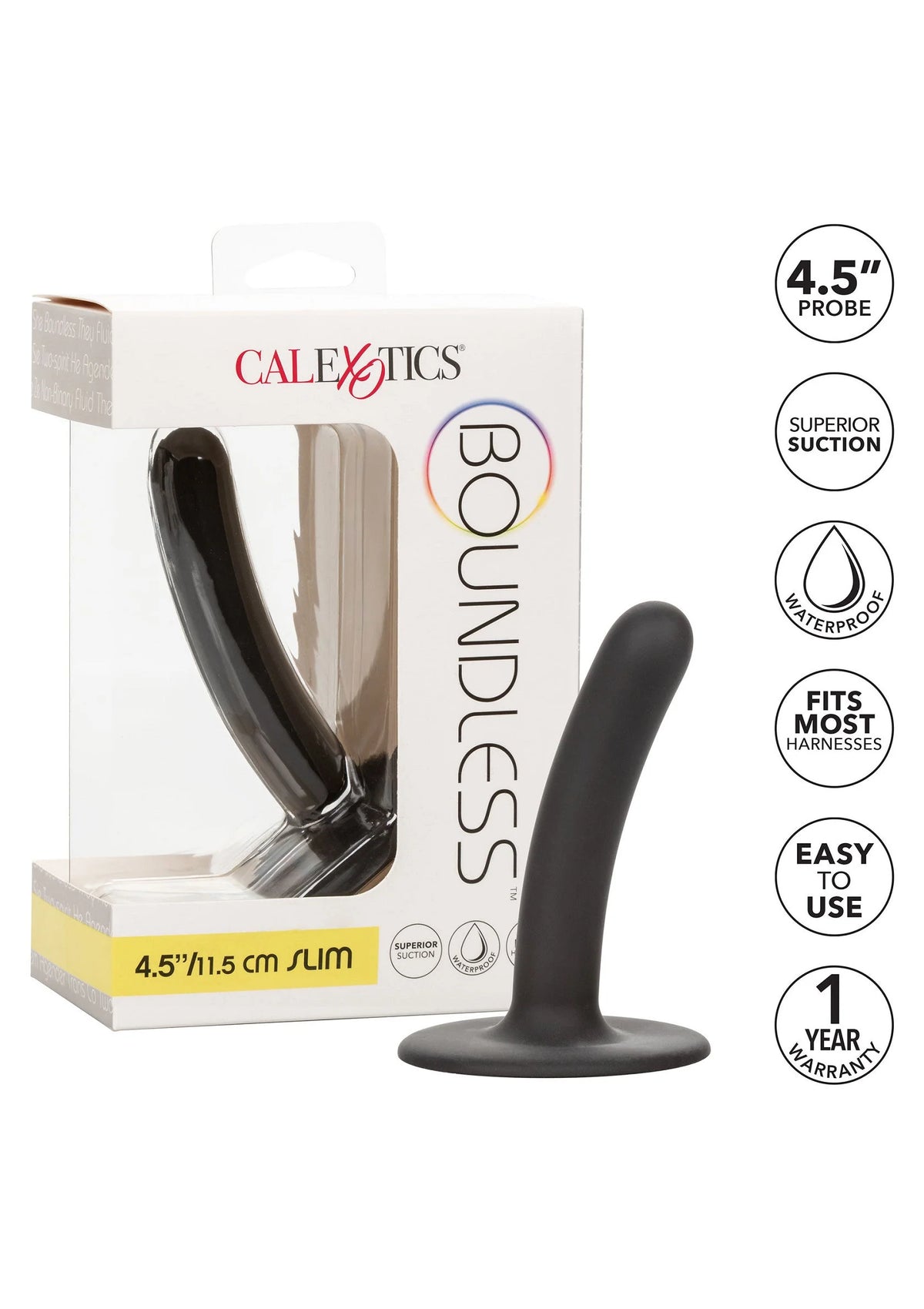 CalExotics Boundless slanke dildo, 11,5 cm, zwart, gebogen met platte basis