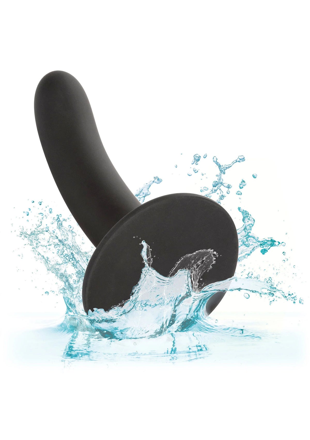 Gladde zwarte anale dildo met gebogen vorm, met waterplons eromheen.