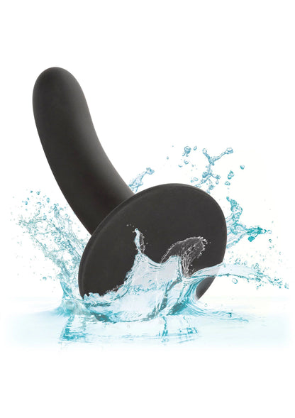 Gladde zwarte anale dildo met gebogen vorm, met waterplons eromheen.