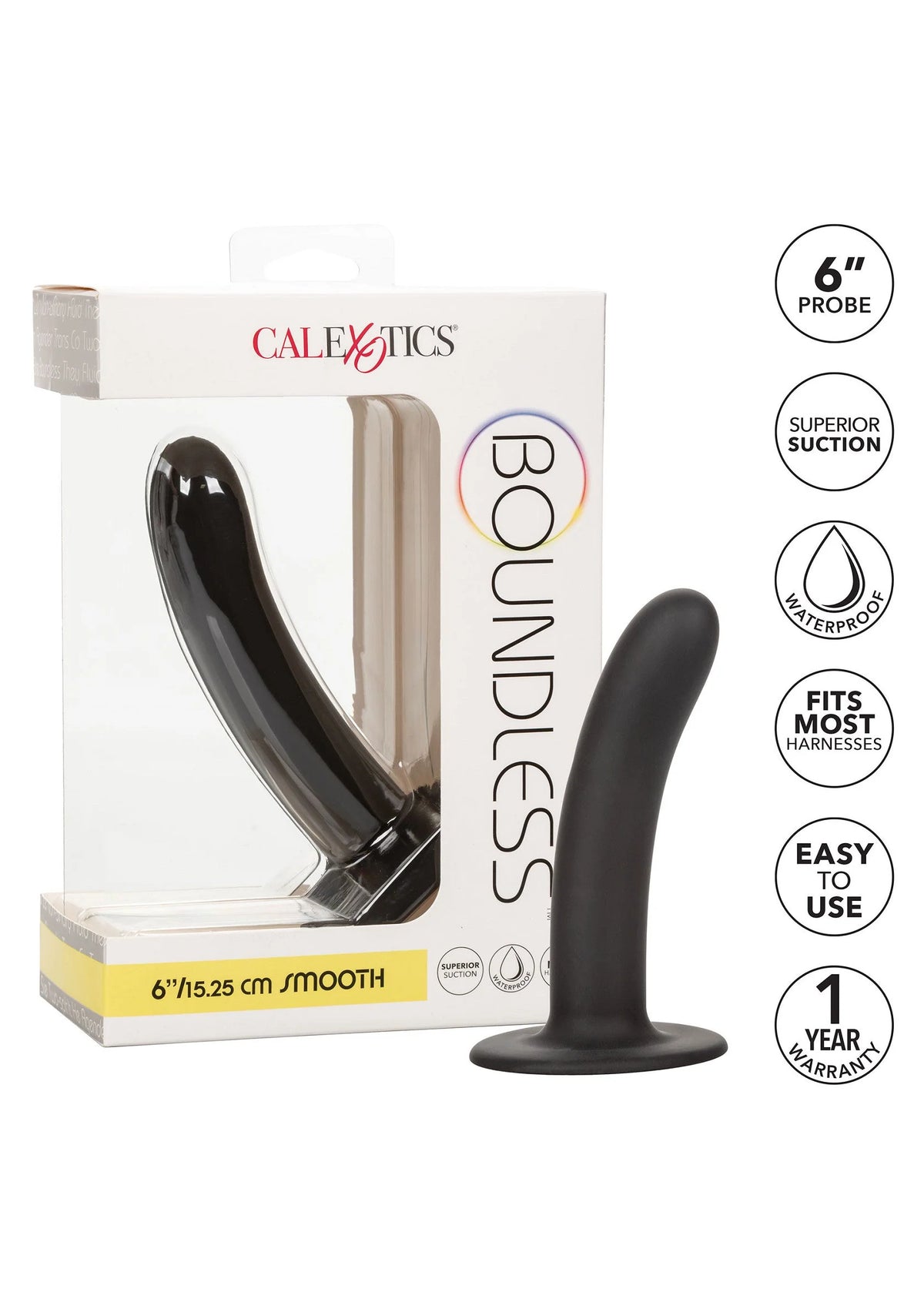 CalExotics verpakking met zwarte anale plug, glad siliconen ontwerp, 6-inch