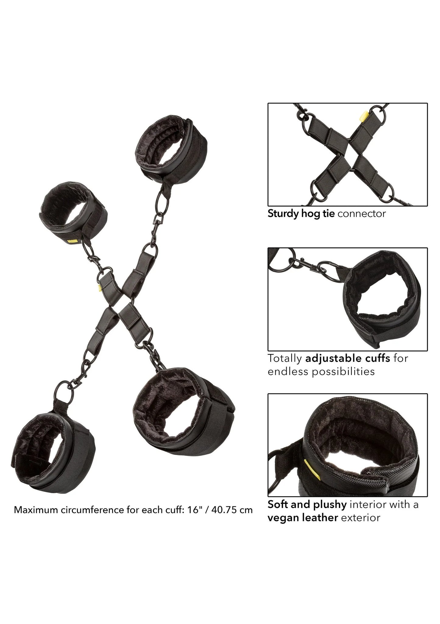 Zwarte hogtie-boeien set met kruisriem, kettingen en vier zachte manchetboeien