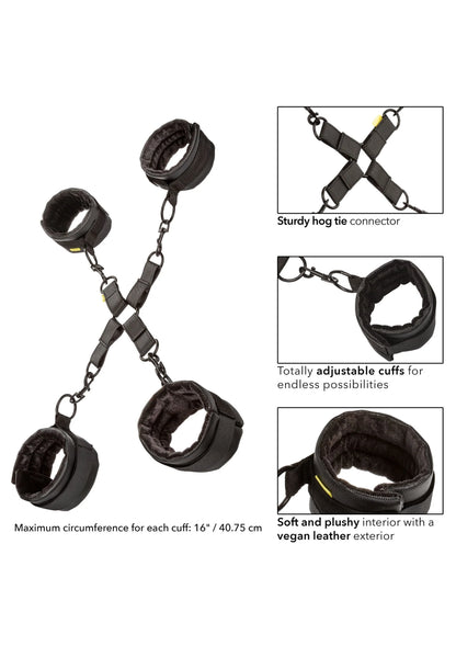 Zwarte hogtie-boeien set met kruisriem, kettingen en vier zachte manchetboeien