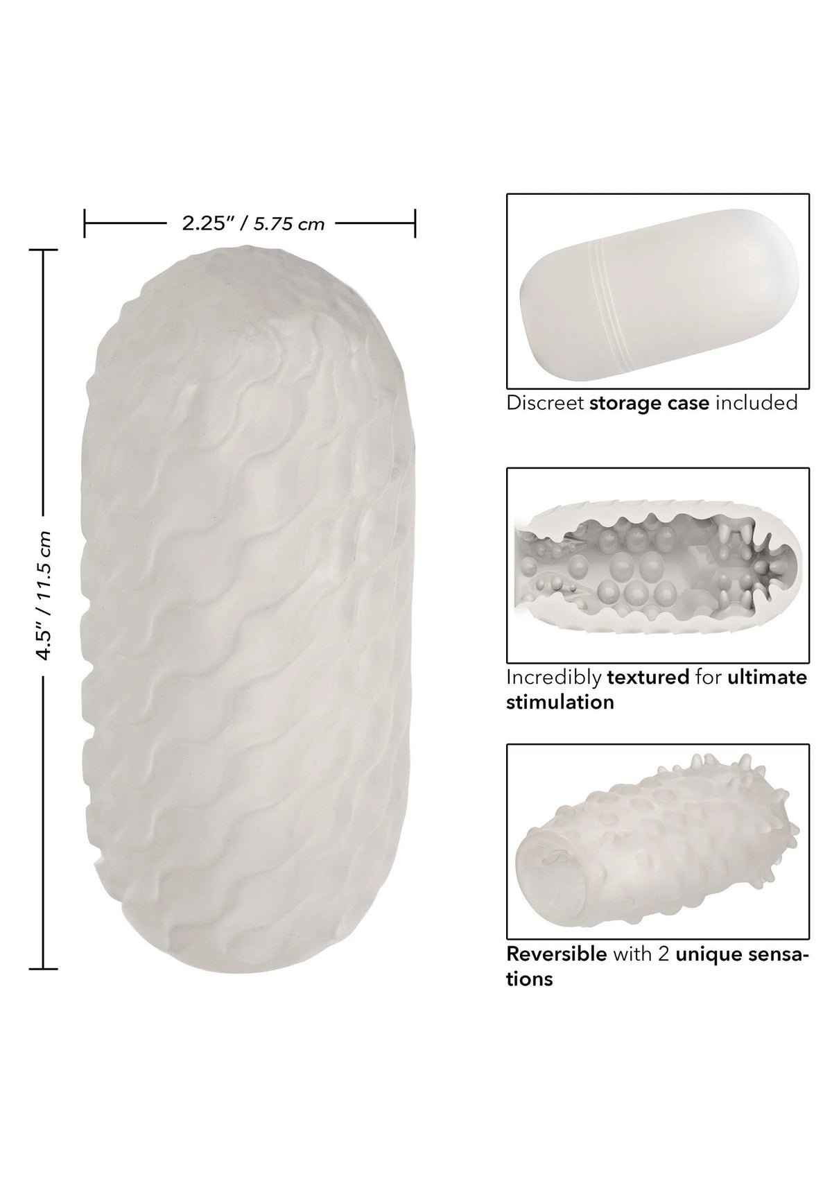 Witte reversibele seksstroker met nubbige textuur en ingesloten afmetingen-illustratie.