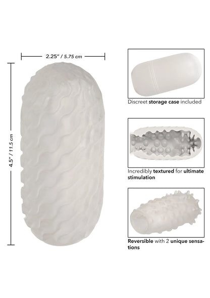 Witte reversibele seksstroker met nubbige textuur en ingesloten afmetingen-illustratie.