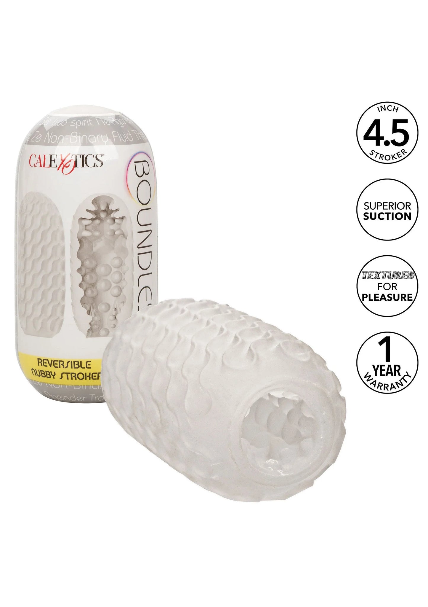 Witte reversibele seksstroker met nubbige structuur en getextureerde binnenzijde.