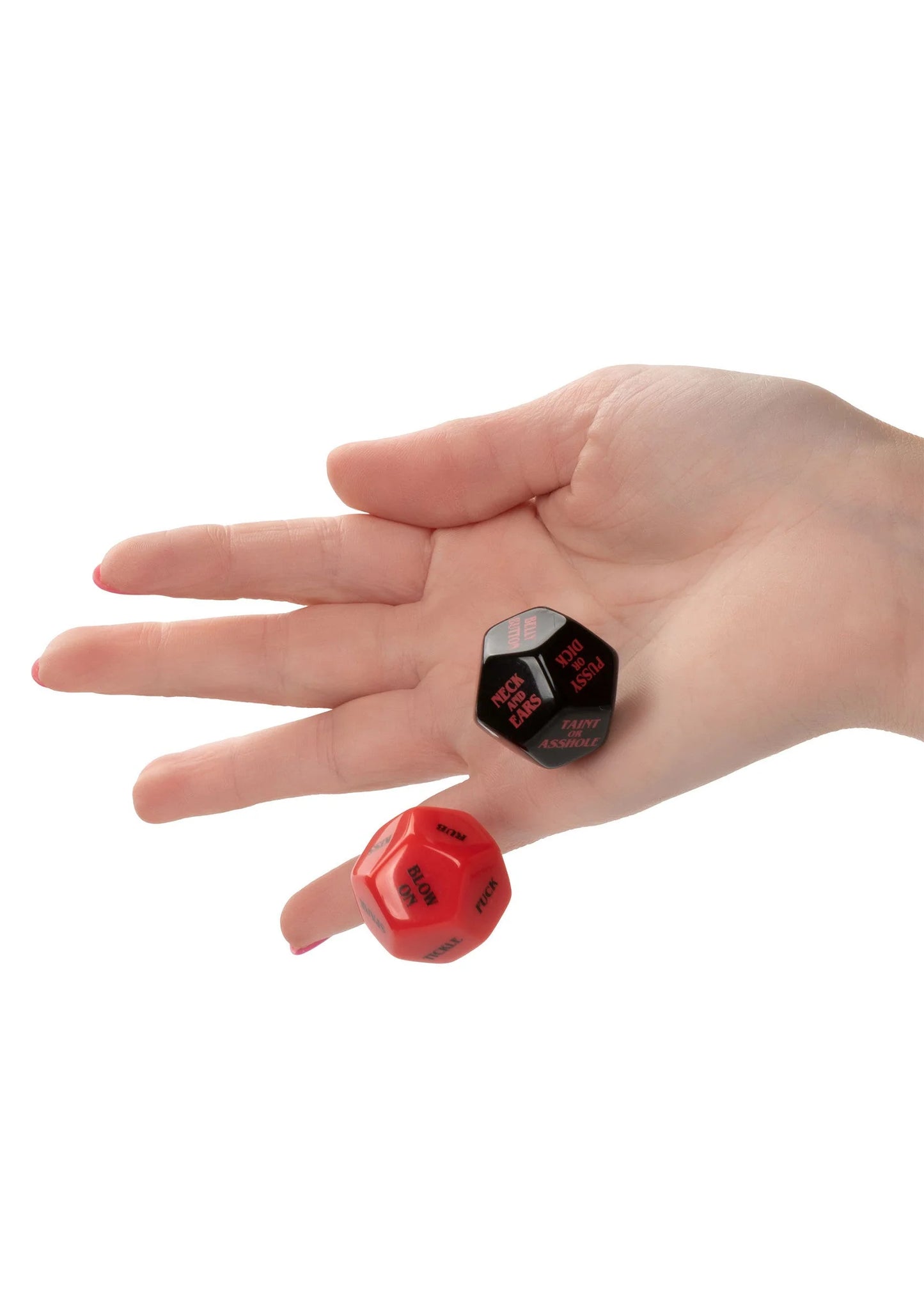 Dobbelsteenset: zwart en rood dobbelblokje in hand, met genummerde opdrukvlakken