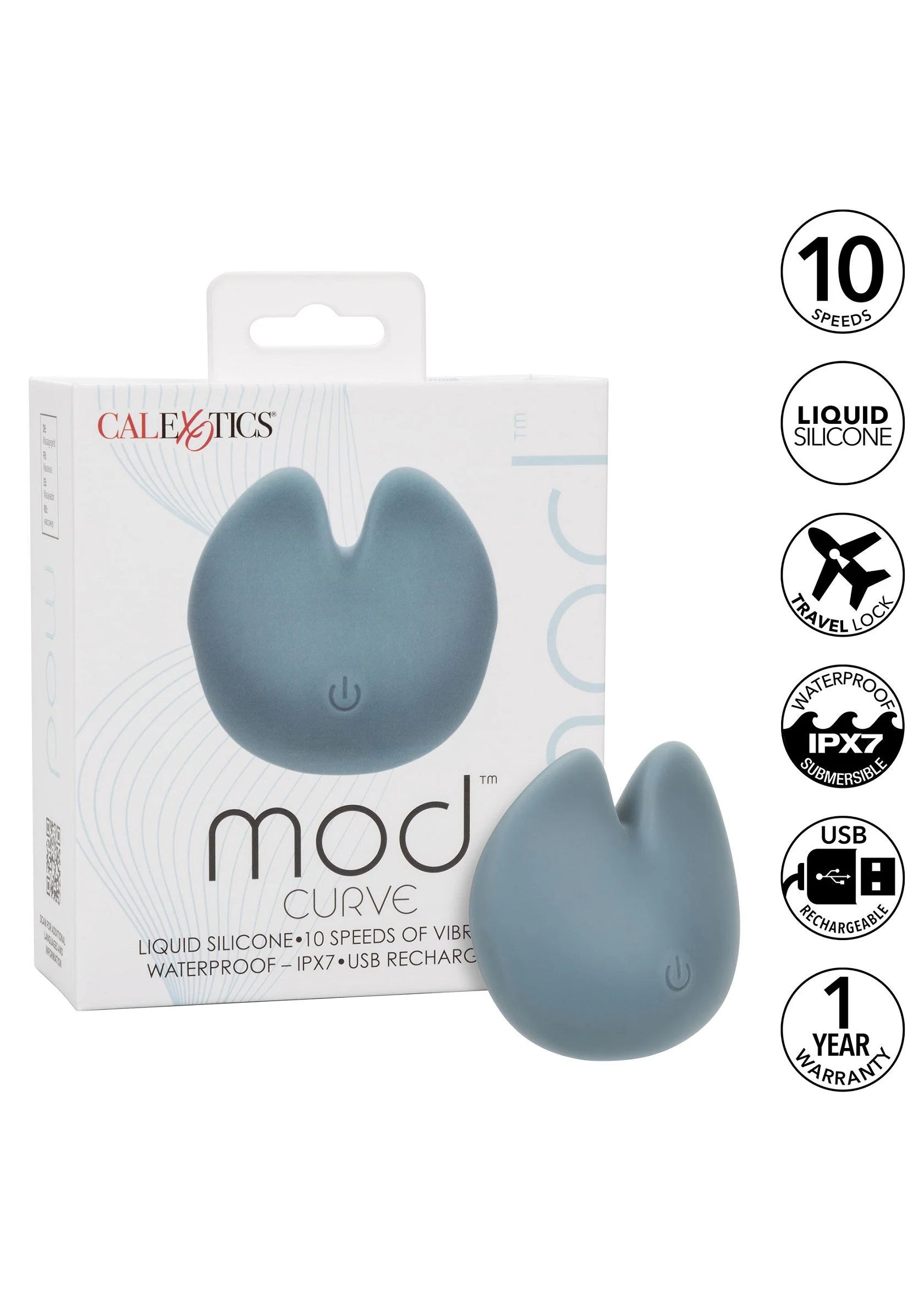 CalExotics mod curve verpakking met blauw siliconen vibratiespeeltje