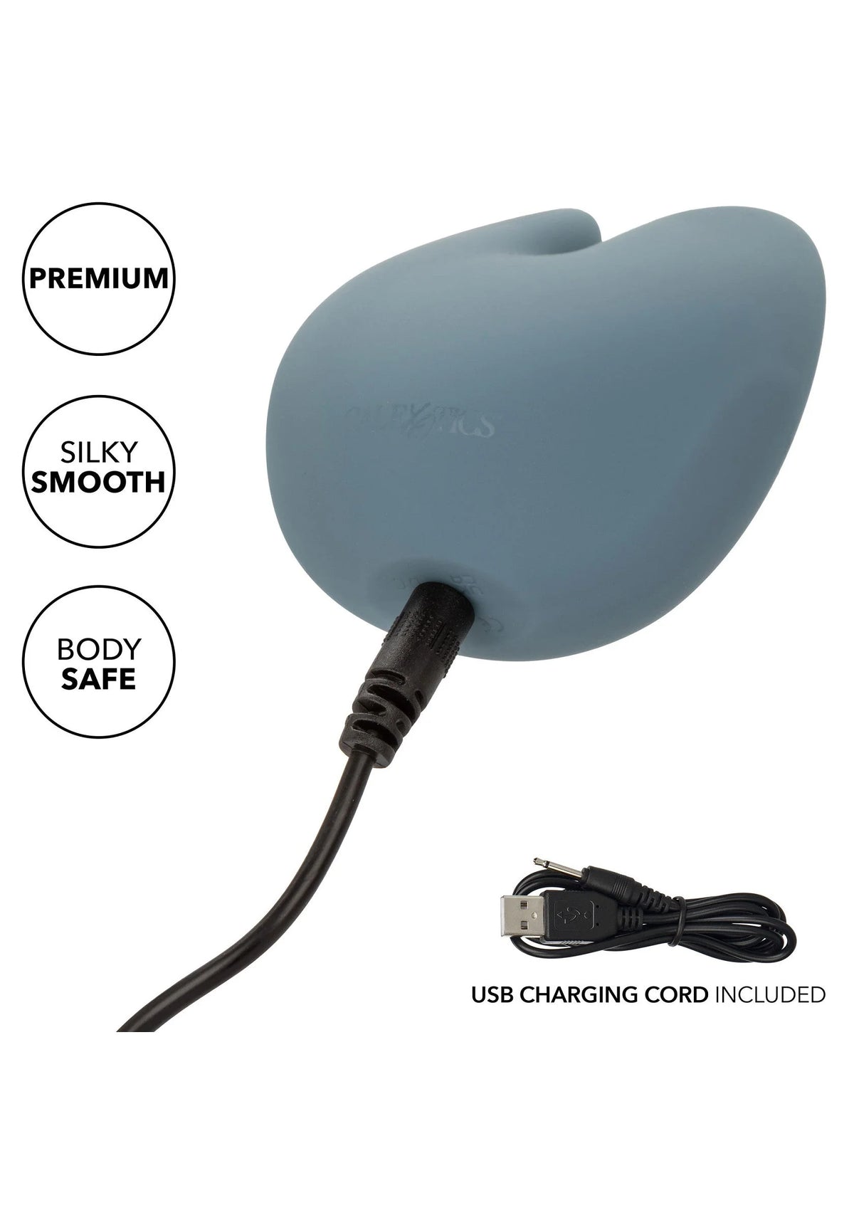 Blauwe siliconen vibratorknobbel met aan/uit-knop en USB-oplaadkabel