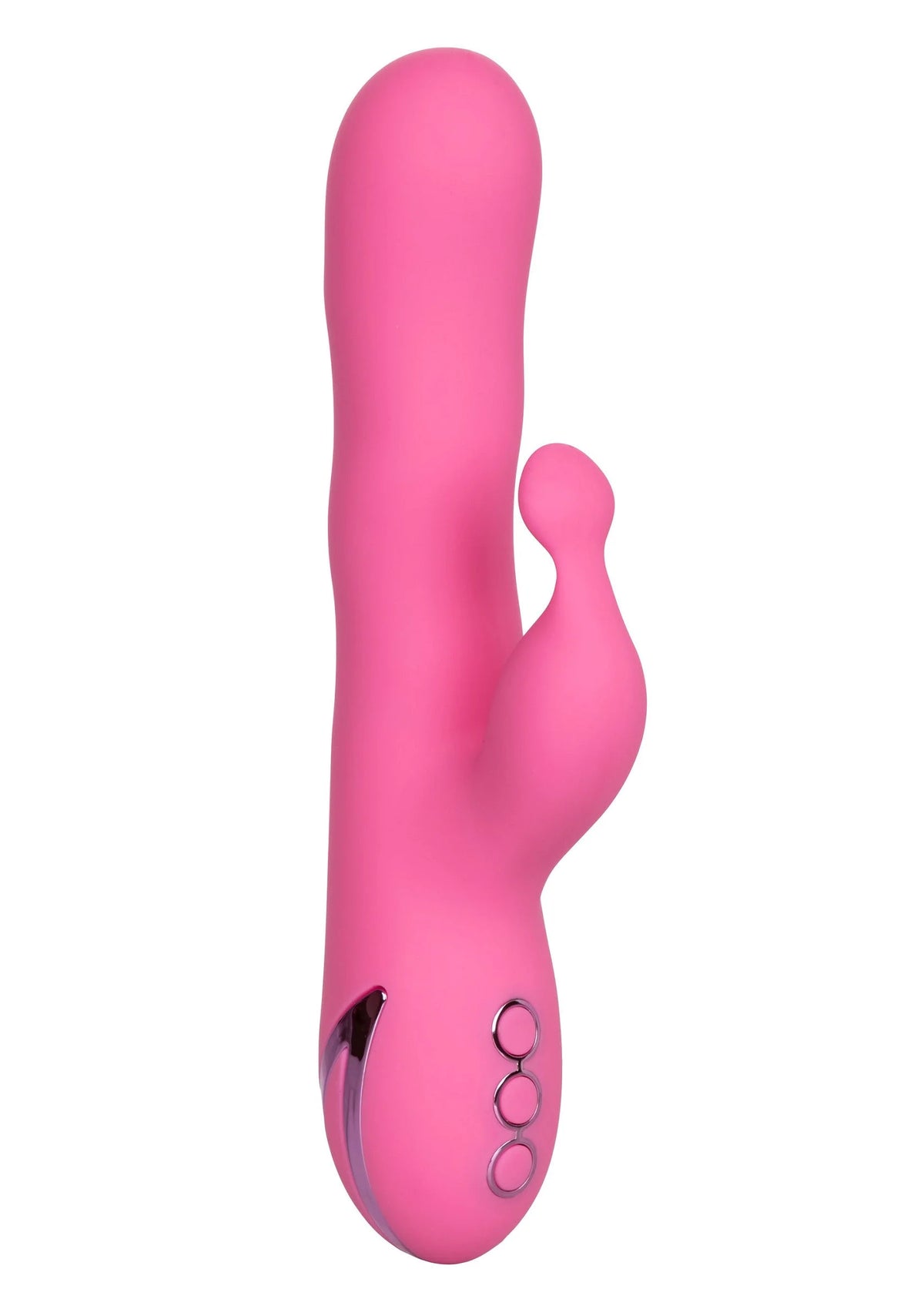 Roze siliconen vibrator, zijaanzicht met knoppen en afgeronde voet