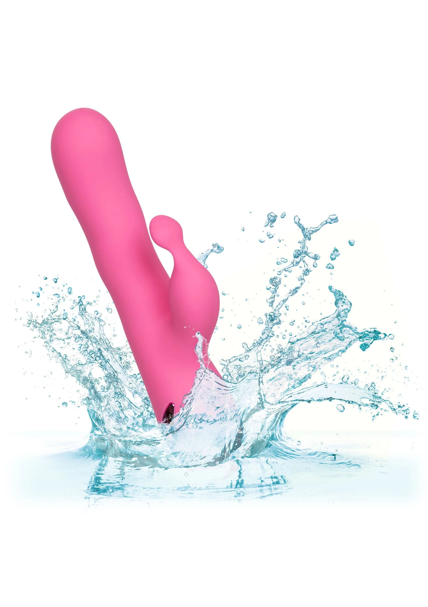 Roze vibrator in water met spettereffect; opstaande vorm en ronde kop.