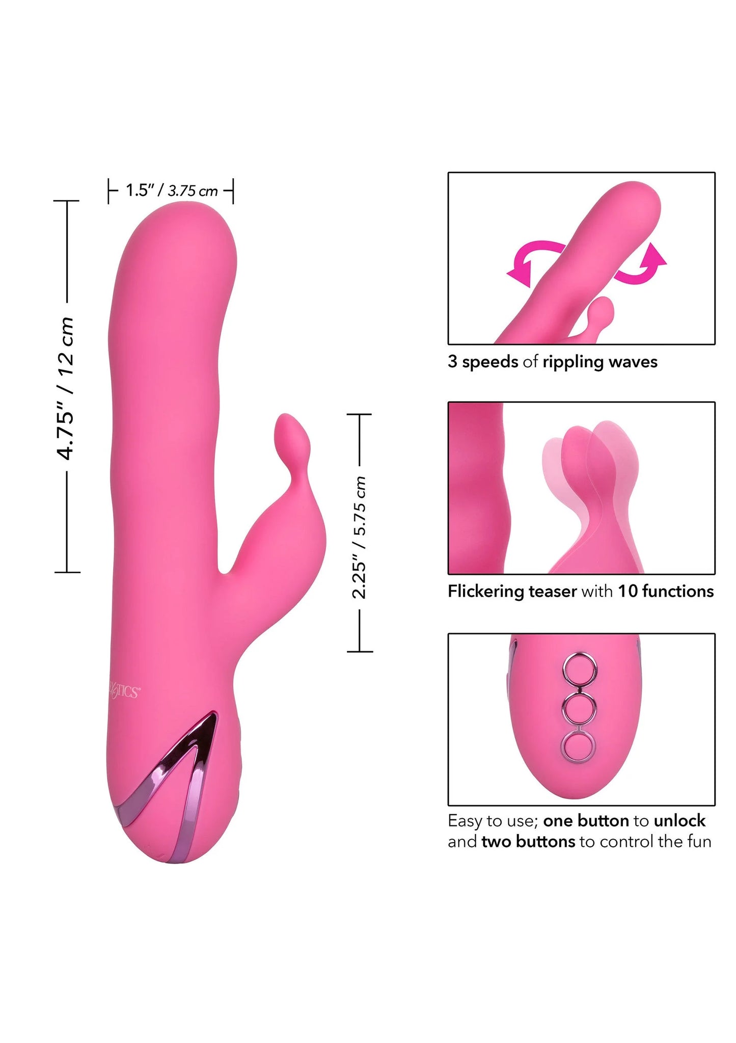 Roze vibrator met maatlijnen en knoppenindicatie; overzicht van functies en vorm.
