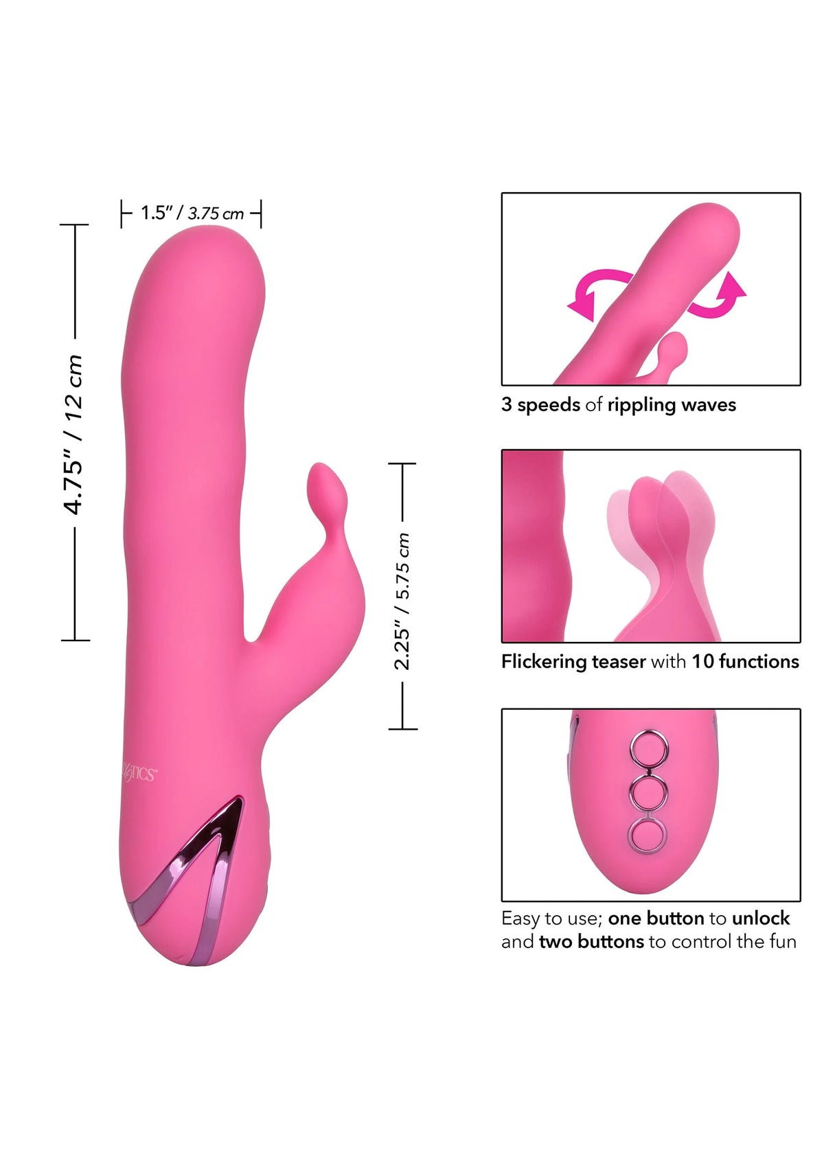 Roze vibrator met maatlijnen en knoppenindicatie; overzicht van functies en vorm.