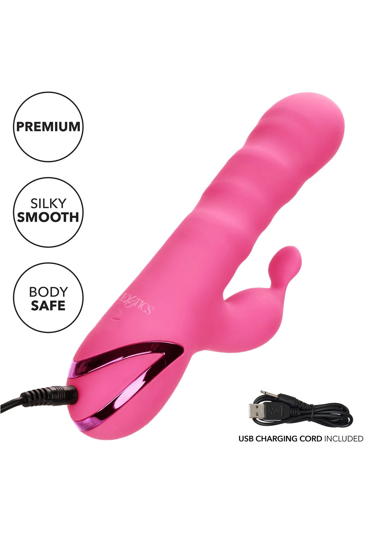 Roze vibrator met USB-oplaadkabel inbegrepen; gladde vorm met buigbaar uiteinde.