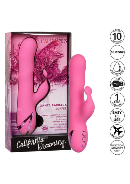 Doos van CalExotics met Roze Santa Barbara Surfer vibrator en opsomming van kenmerken.