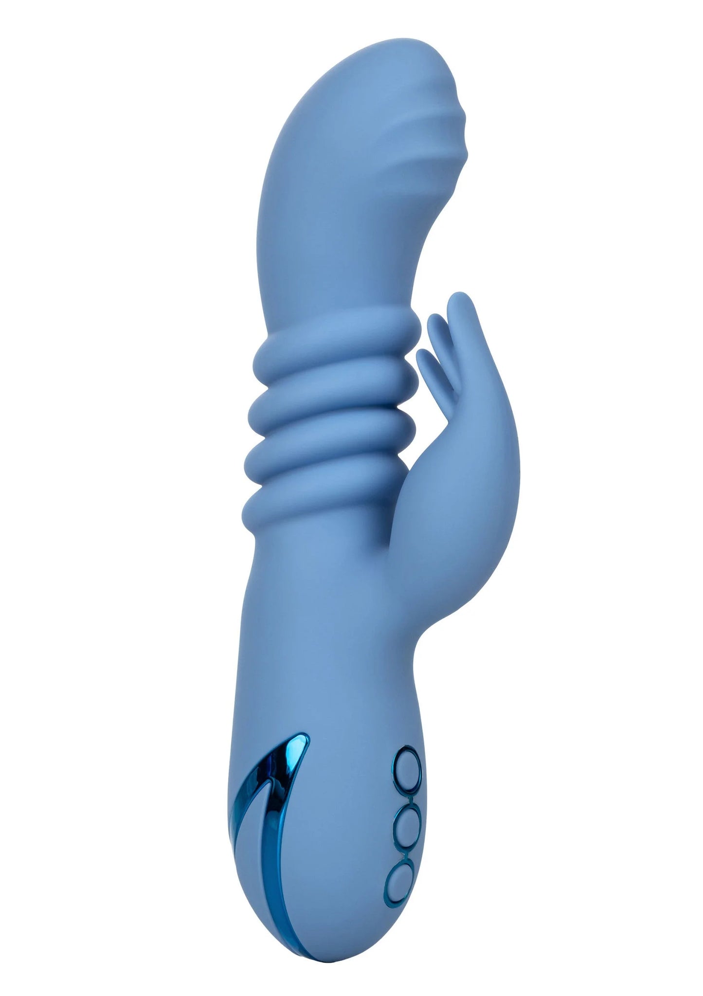 Blauwe siliconen vibrator zijaanzicht met afgeronde body en handgreep