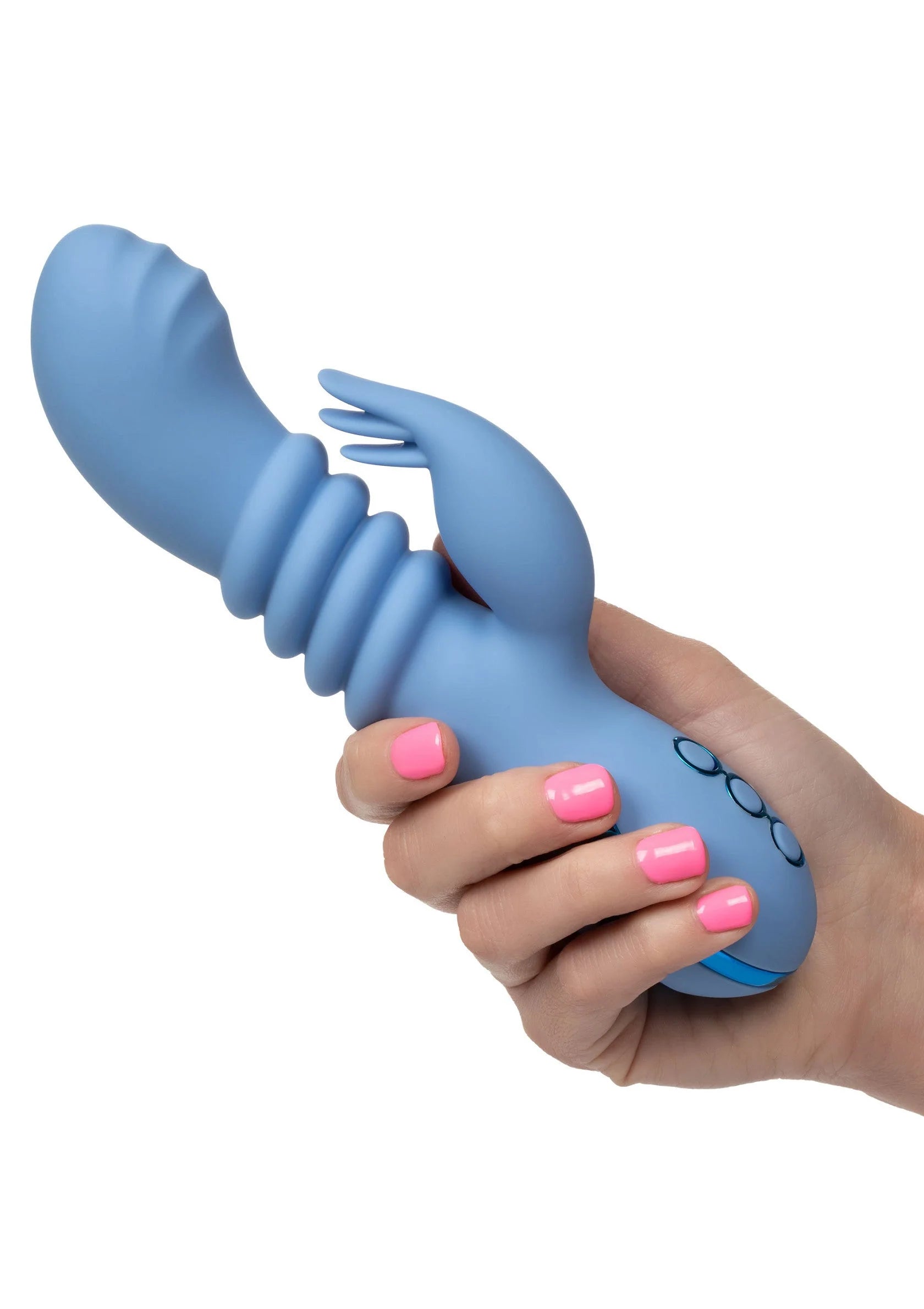 Blauw siliconen seksspeeltje vastgehouden in hand met bedieningsring op kop