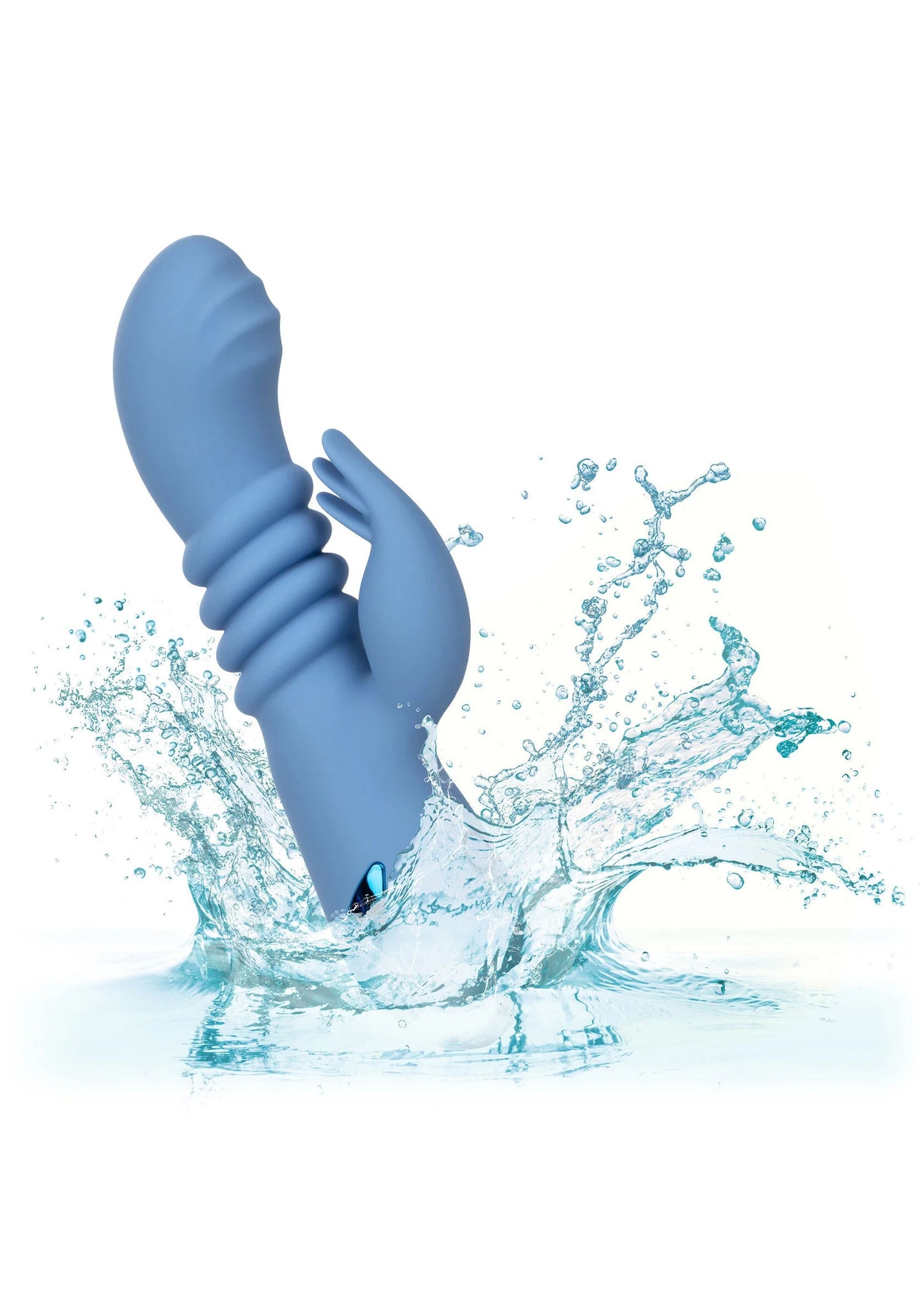 Blauw siliconen seksspeeltje met waterplons rond de gebogen vorm