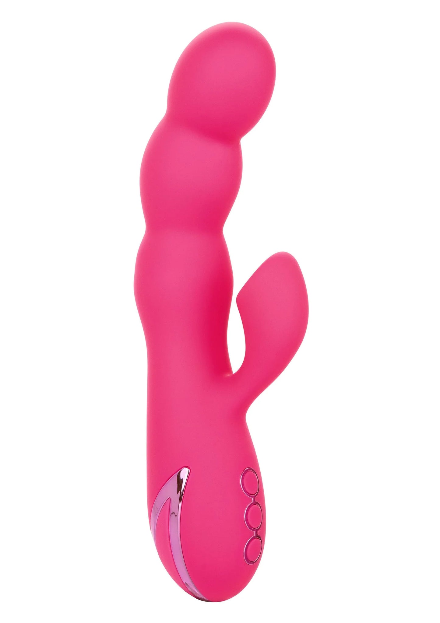 Roze siliconen dubbelzijdige vibrator met ronde opzetstukken en gebogen vorm.